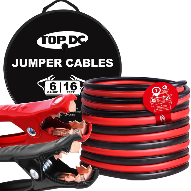 TOPDC 6 Gauge 16 Feet Jumper Cables for Car, SUV and Trucks Battery, Heavy Duty Automotive Booster Cables for Jump Starting Dead or Weak Batteries with Carry Bag, (TD-P0616) - Image 1